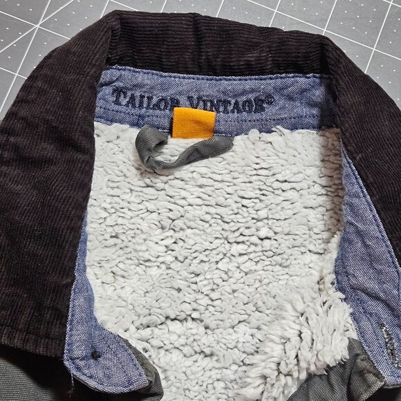 Tailor Vintage Mens Gray Sherpa-Lined Canvas Jacket With Corduroy Collar & Butto - Picture 9 of 16